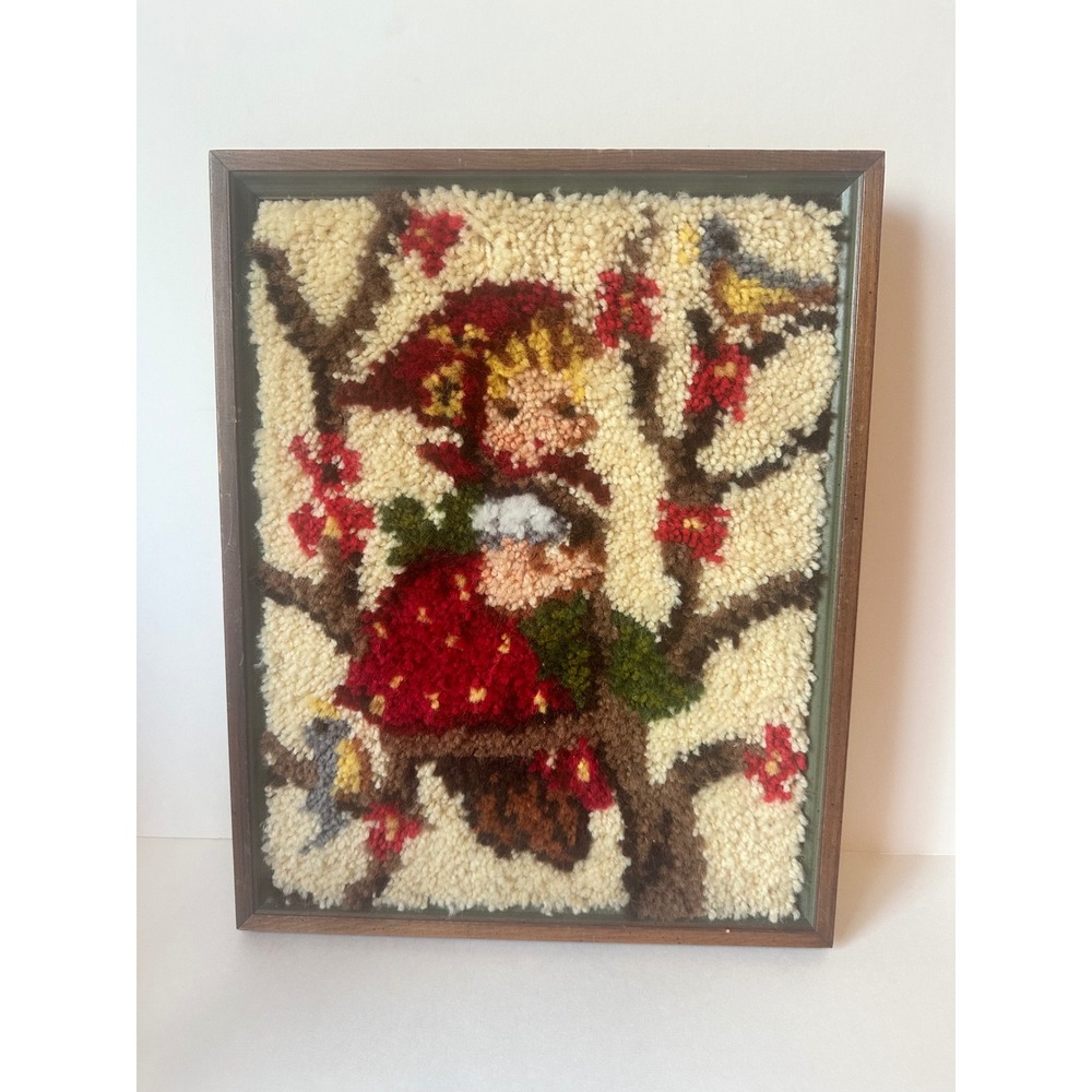 Vintage Framed Latch Hook Rug Wall Art Girl Bird Tree Granny Cottagecore
Country